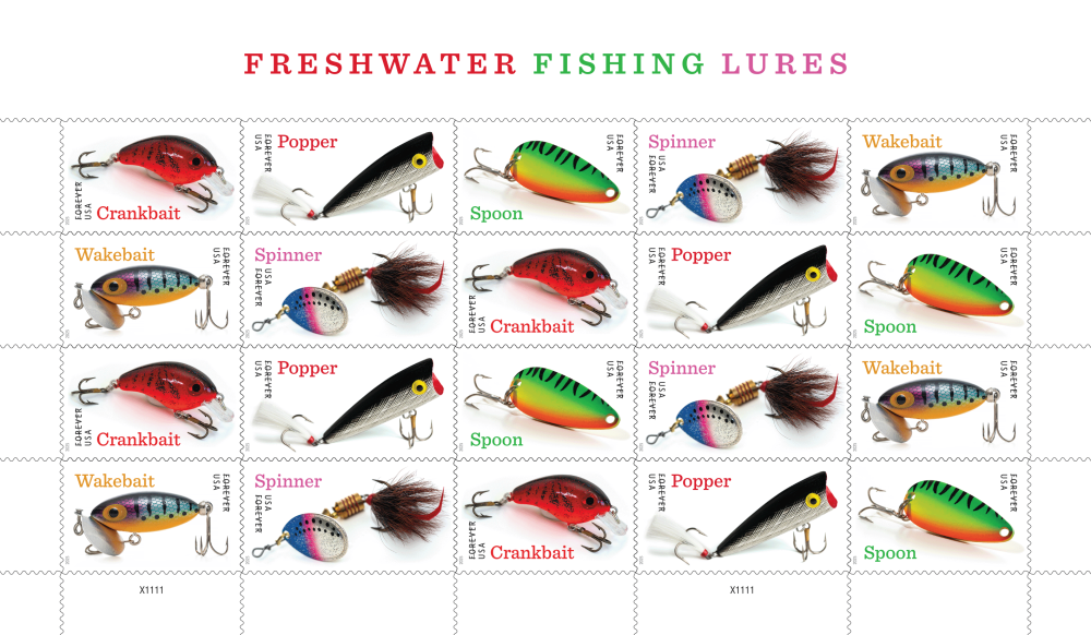 2025 Freshwater Fishing Lures Stamps 100 pcs | Tool Stamps US Postage Stamps
